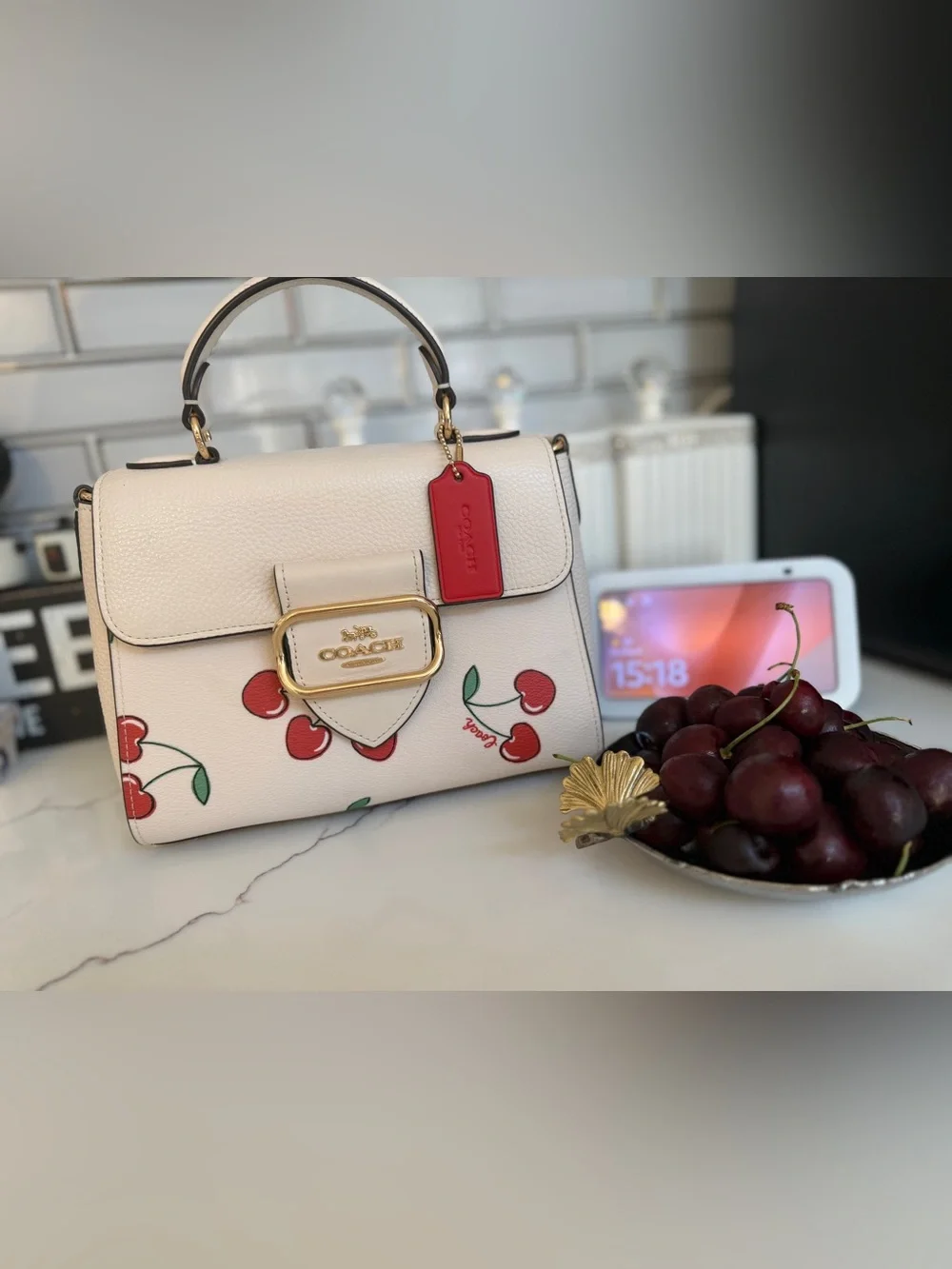Coach White Leather Top Handle Bag with Cherry Print